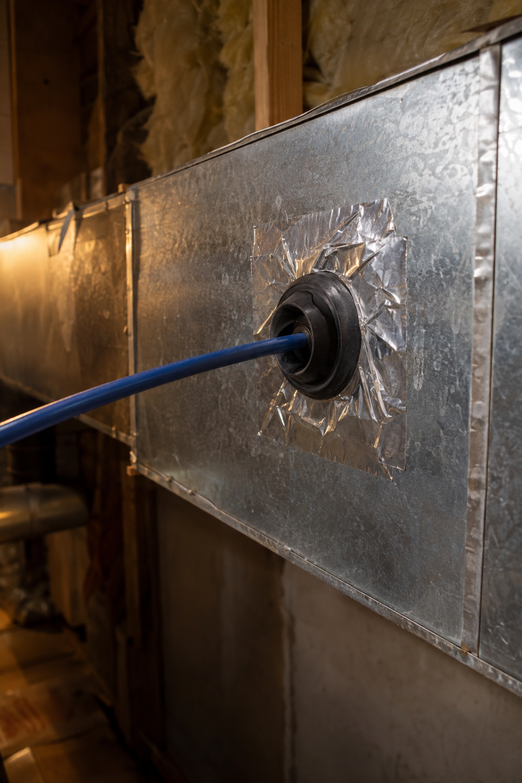 Air whip line entering a taped access hole in a sheet-metal trunk duct