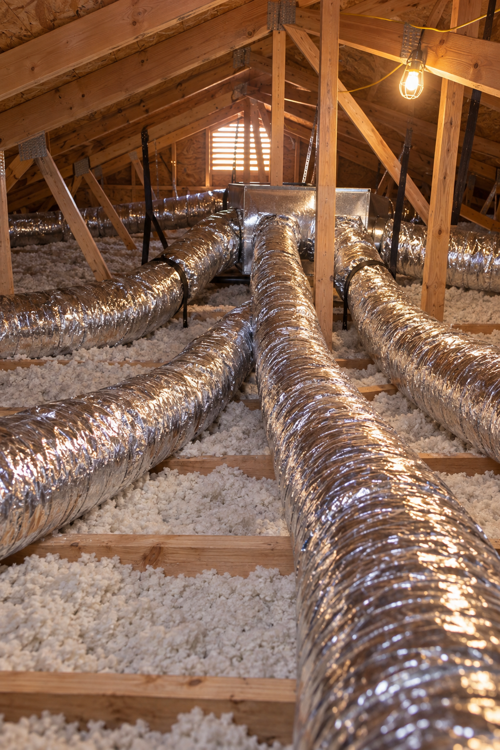 Insulated flex duct runs draped over trusses in an attic