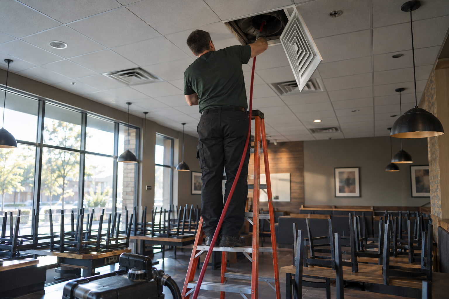 Technician on a tall ladder at an open ceiling diffuser in an empty restaurant dining room