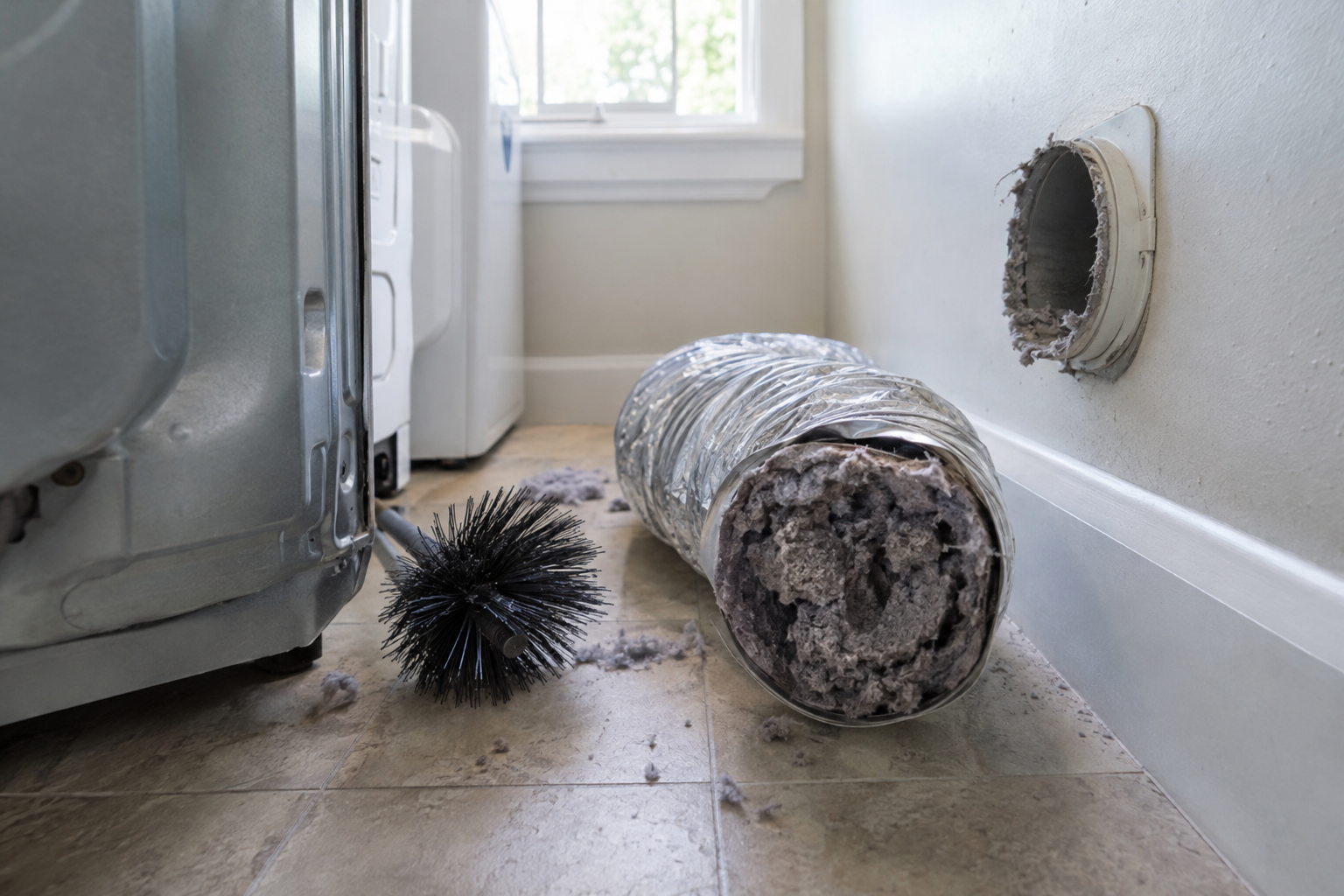 Dryer pulled away from a laundry room wall with its flexible exhaust duct packed with lint
