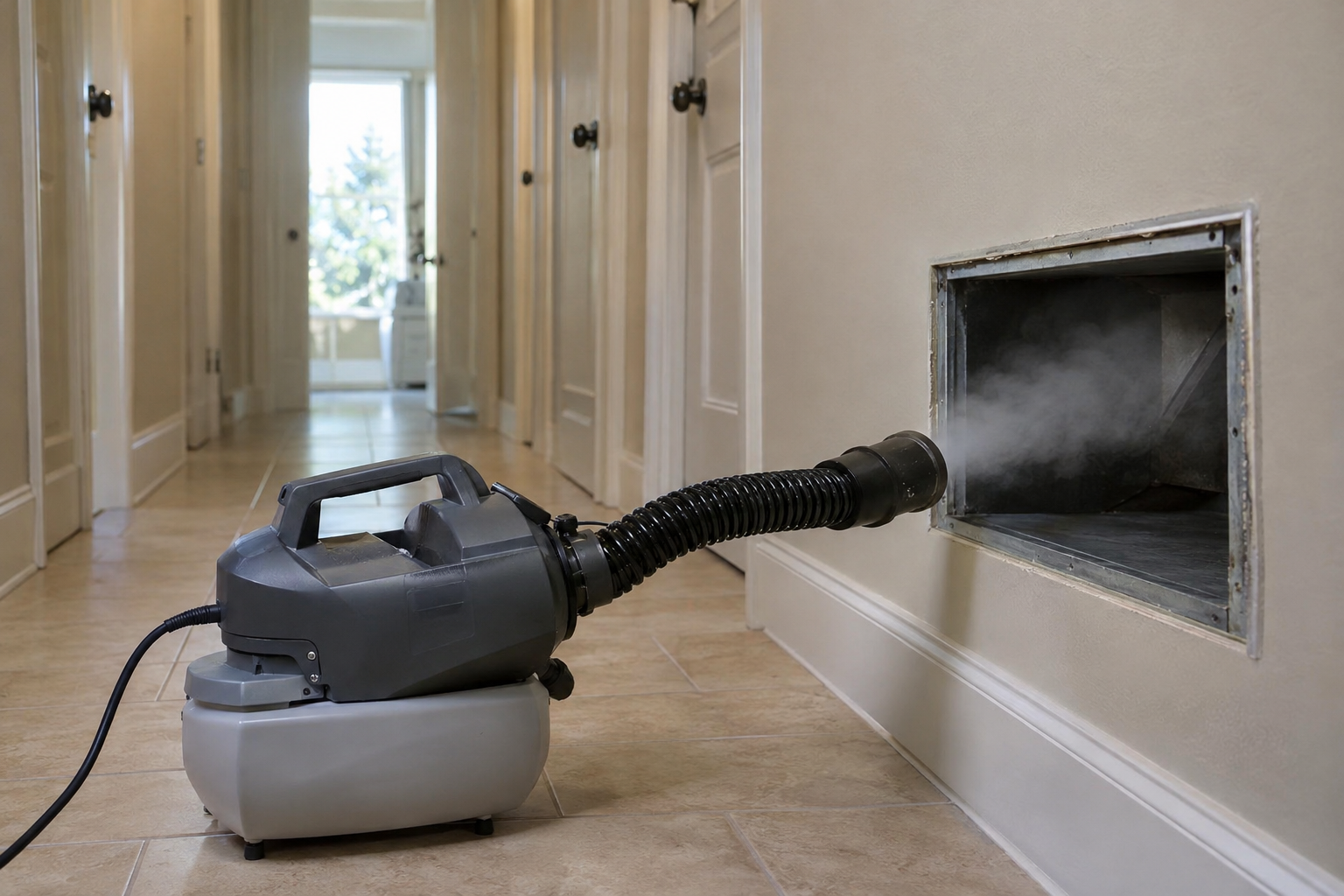 Fogger on a hallway floor misting into an open wall return with its grille removed