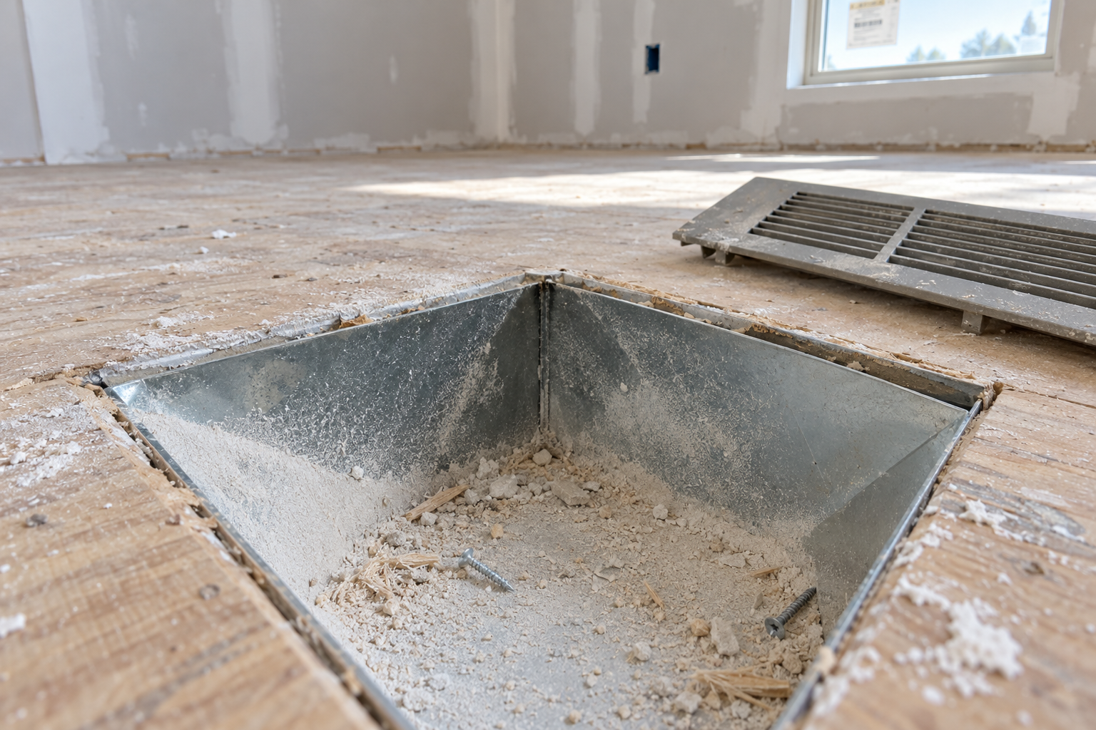 Floor duct boot in a newly built room coated with drywall dust and sawdust