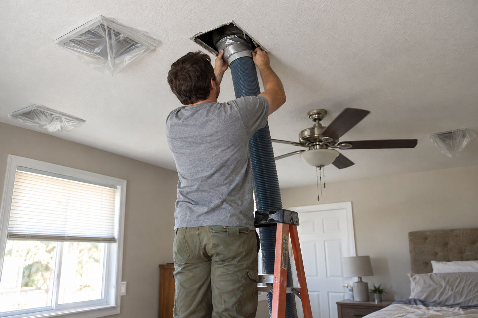 Technician on a step ladder taping a vacuum hose into an open ceiling register in a bedroom