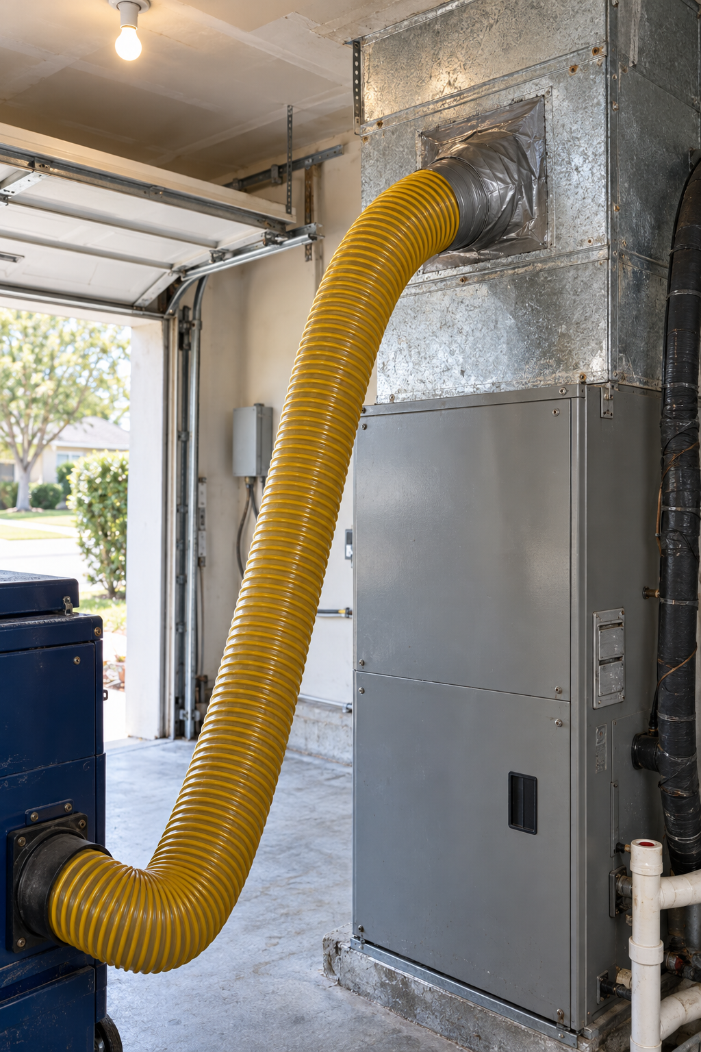 truck-mounted vacuum hose on an air handler for duct cleaning